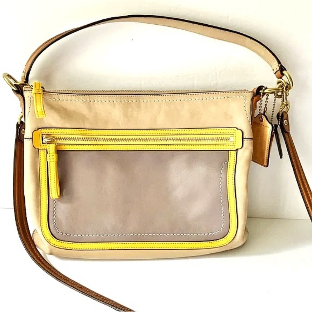 Coach Poppy Leather Yellow Taupe Grey Colorblock Crossbody Bag